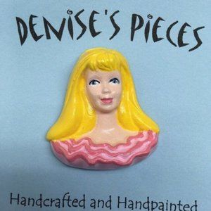 Barbie Doll Head Pin Brooch Pretty Pink Blonde Plaster Handmade Ruffled Collar